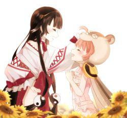 Rule 34 | 10s, 2girls, animal hood, black hair, cape, cerna mouse, cherna mouse, closed eyes, flower, hand on another&#039;s head, hand on own hip, happy, highres, hood, japanese clothes, long hair, mahou shoujo ikusei keikaku, mahou shoujo ikusei keikaku restart, miko, miyokata no nako, miyokata nonako, multiple girls, off shoulder, headpat, pink hair, smile, sunflower, yin yang, yunare