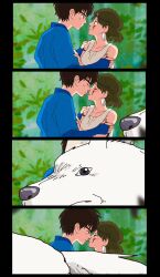 Rule 34 | 1boy, 1girl, 4koma, ashitaka, black hair, blush, closed eyes, comic, eye contact, facial mark, facing another, hands on another&#039;s arms, hetero, highres, implied kiss, looking at another, mononoke hime, moro no ichizoku, outdoors, photobomb, rikaco1988, san (mononoke hime), silent comic, time lapse, upper body
