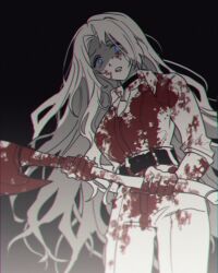 Rule 34 | 1girl, axe, bbunny, belt, blood, blood on clothes, blood on hands, blue eyes, choker, collared shirt, greyscale, holding, holding axe, limbus company, long hair, monochrome, pants, parted lips, project moon, rodion (project moon), shirt, sidelocks, simple background, sleeves rolled up, solo, spot color, sweat, very long hair