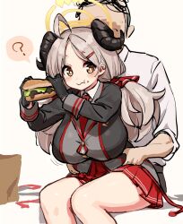 Rule 34 | 1boy, 1girl, ?, ahoge, belly grab, black skirt, blue archive, blush, breasts, bright pupils, brown eyes, burger, collared shirt, eating, food, food on face, hair ornament, hair scrunchie, hairclip, highres, horns, izumi (blue archive), large breasts, long hair, low twintails, maibotsumou, necktie, pleated skirt, red necktie, red scarf, red skirt, scarf, scrunchie, sensei (blue archive), shirt, skirt, spoken question mark, twintails, white pupils, white shirt