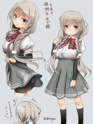 Rule 34 | 1girl, akino shuu, alternate hairstyle, arm warmers, bike shorts under skirt, black shorts, black socks, bow, bowtie, braid, breasts, cloud hair ornament, commentary request, conte di cavour (kancolle), cosplay, grey eyes, grey hair, grey skirt, kantai collection, large breasts, long hair, low twin braids, minegumo (kancolle), minegumo (kancolle) (cosplay), plaid, plaid bow, plaid bowtie, pleated skirt, puffy short sleeves, puffy sleeves, red bow, red bowtie, school uniform, shirt, short sleeves, shorts, skirt, socks, suspender skirt, suspenders, translation request, twin braids, white shirt