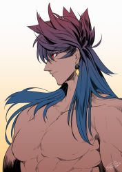 Rule 34 | 1boy, abs, blue hair, close-up, closed mouth, dark-skinned male, dark blue hair, dark skin, earrings, fate/grand order, fate (series), gradient hair, jewelry, long hair, looking to the side, male focus, multicolored hair, nude, pectorals, purple hair, red eyes, rkp, romulus quirinus (fate), solo, upper body, very long hair, white background