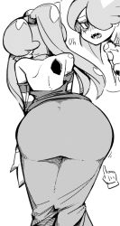 Rule 34 | 1girl, ass, ass focus, bare shoulders, detached sleeves, dress, greyscale, hair over one eye, inarou (rakugakiproject), long hair, long sleeves, looking back, monochrome, open mouth, simple background, skirt, skullgirls, sleeves past wrists, solo, squigly (skullgirls), stitched mouth, stitches, striped, white background, zombie