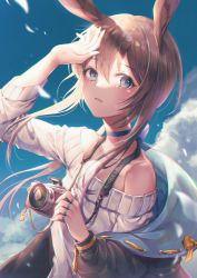 Rule 34 | 1girl, amiya (arknights), animal ears, arknights, arm up, bare shoulders, black jacket, blue choker, blue eyes, blue sky, blush, brown hair, camera, choker, cloud, collarbone, commentary, day, hair between eyes, holding, holding camera, jacket, jewelry, long hair, long sleeves, looking at viewer, off-shoulder shirt, off shoulder, open clothes, open jacket, outdoors, ozzingo, parted lips, puffy long sleeves, puffy sleeves, rabbit ears, ring, shading eyes, shirt, sidelocks, sky, solo, symbol-only commentary, upper body, white shirt
