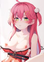 Rule 34 | 1girl, ahoge, blush, breasts, cat hair ornament, clothes pull, green eyes, hair between eyes, hair ornament, highres, hololive, large breasts, long hair, nipples, nyan (reinyan 007), parted lips, pink hair, pom pom (clothes), pom pom hair ornament, red shirt, sakura miko, sakura miko (work), shirt, shirt pull, simple background, solo, two side up, upper body, virtual youtuber, white background