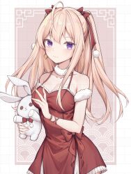 Rule 34 | 1girl, absurdres, ahoge, bare shoulders, blonde hair, blush, bow, closed mouth, commentary request, dress, earrings, frilled dress, frills, hair between eyes, hair bow, highres, holding, holding stuffed toy, jewelry, kuro (kuro mz4278), long hair, looking at viewer, original, purple eyes, red bow, red dress, sidelocks, sleeveless, sleeveless dress, smile, solo, stuffed animal, stuffed rabbit, stuffed toy, two side up, very long hair