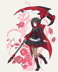 Rule 34 | 1girl, black dress, black footwear, black hair, blush, boots, brown pantyhose, bullet, cloak, cross-laced footwear, dress, flower, frilled skirt, frilled sleeves, frills, full body, hood, hooded cloak, huge weapon, iesupa, knee boots, lace-up boots, leg up, long sleeves, looking at viewer, pantyhose, polearm, rose, ruby rose, rwby, scythe, short hair, skirt, smile, solo, standing, standing on one leg, weapon