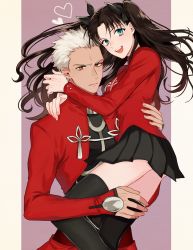 Rule 34 | 1boy, 1girl, :d, archer (fate), arms around neck, black bow, black skirt, black thighhighs, blue eyes, border, bow, brown eyes, brown hair, carrying, couple, fate/stay night, fate (series), floating hair, hair bow, hand on another&#039;s hip, heart, highres, long hair, long sleeves, looking at viewer, miniskirt, open mouth, pillarboxed, pleated skirt, purple background, red shirt, shimatori (sanyyyy), shirt, short hair, silver hair, skirt, smile, thighhighs, tohsaka rin, twintails, very long hair, white border, zettai ryouiki
