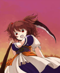 Rule 34 | 1girl, bad id, bad pixiv id, breasts, brown hair, dress, female focus, ichii, ichii (retroco), large breasts, nature, onozuka komachi, outdoors, plant, red hair, scythe, short hair, sky, solo, touhou, twintails, two side up