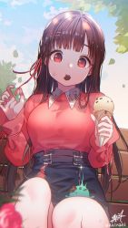 Rule 34 | 1girl, black skirt, blurry, blurry foreground, braid, breasts, brown hair, commentary request, day, depth of field, food, hair ribbon, holding, holding food, ice cream, ice cream cone, idolmaster, idolmaster shiny colors, kuri choko, long hair, long sleeves, medium breasts, mouth hold, on bench, outdoors, red ribbon, red shirt, ribbon, shirt, shirt tucked in, sitting, skirt, solo, sonoda chiyoko, straight hair, very long hair