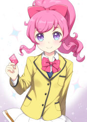 Rule 34 | 1girl, blush, bow, bowtie, closed mouth, collared shirt, commentary request, cowboy shot, hair bow, hand up, holding ticket, jacket, kirarigaoka middle school uniform, kiratto pri chan, long hair, long sleeves, looking at viewer, momoyama mirai, pink bow, pink bowtie, pink hair, pleated skirt, ponytail, pretty series, purple eyes, school uniform, shirt, sidelocks, skirt, smile, solo, sparkle, standing, unya (unya-unya), white background, white shirt, white skirt, yellow jacket