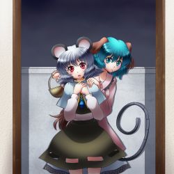 Rule 34 | 2girls, absurdres, animal ears, basket, blush, capelet, dress, eating, green eyes, green hair, grey hair, hand on another&#039;s shoulder, highres, jewelry, kasodani kyouko, mouse (animal), mouse ears, mouse tail, multiple girls, nazrin, open mouth, own hands together, pendant, raionsan, red eyes, short hair, skirt, smile, tail, touhou