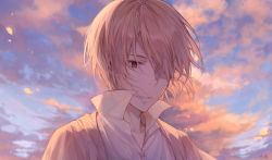 Rule 34 | 1boy, ayuanlv, blue sky, brown eyes, brown hair, brown jacket, cloud, cloudy sky, collared shirt, commentary request, dress shirt, hair over one eye, highres, jacket, male focus, open clothes, open jacket, outdoors, parted lips, shirt, sky, solo, sunset, upper body, white shirt, william james moriarty, yuukoku no moriarty