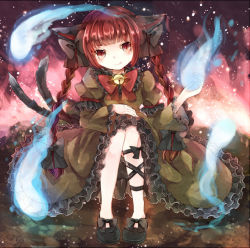 Rule 34 | 1girl, animal ears, bad id, bad pixiv id, bell, bow, braid, cat ears, cat girl, cat tail, fang, female focus, hair bow, jaku sono, kaenbyou rin, long hair, red eyes, red hair, slit pupils, smile, solo, spirits, tail, touhou, twin braids, very long hair