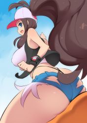 Rule 34 | 1girl, ass, baseball cap, black vest, blue eyes, breasts, brown hair, creatures (company), curly hair, cutoffs, denim, denim shorts, from behind, game freak, hat, high ponytail, highres, hilda (pokemon), huge ass, large breasts, long hair, looking at viewer, looking back, medium breasts, nac000, nintendo, pokemon, pokemon bw, ponytail, shiny skin, shirt, short shorts, shorts, sideboob, sidelocks, sleeveless, sleeveless shirt, solo, tank top, thick thighs, thighs, thong, vest, white shirt, wide hips, wristband