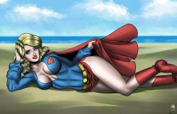 Rule 34 | 1girl, beach, belt, blonde hair, bloomers, blue eyes, blue sky, boots, breasts, cape, cleavage, dc comics, full body, grin, legs, lipstick, looking at viewer, lying, makeup, red cape, shorts, sky, smile, solo, supergirl, thighs, underwear, water