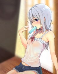 Rule 34 | 1girl, blue shorts, blurry, character request, chunithm, collarbone, cona kinaco, depth of field, food, frilled shirt, frills, from side, heart, heart-shaped pupils, highres, long hair, mouth hold, popsicle, profile, purple eyes, shirt, shorts, silver hair, sitting, sleeveless, sleeveless shirt, solo, sweat, symbol-shaped pupils, white shirt