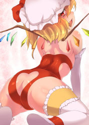 Rule 34 | 1girl, all fours, alternate costume, ass, ass cutout, back, bare shoulders, blonde hair, butt crack, clothing cutout, elbow gloves, fang, flandre scarlet, frilled thighhighs, frills, from behind, gloves, hat, hat ribbon, heart, heart cutout, leotard, looking back, mob cap, open mouth, red eyes, revealing clothes, ribbon, solo, suikamaru, thigh strap, thighhighs, touhou, white gloves, white thighhighs, wings, wrestling outfit