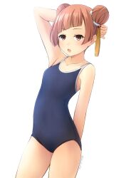 Rule 34 | 1girl, arm behind back, arm up, bare legs, blue one-piece swimsuit, brown eyes, collarbone, competition school swimsuit, double bun, hair bun, hair ornament, highres, laufen (sousou no frieren), light brown hair, one-piece swimsuit, open mouth, school swimsuit, shibacha, short hair, simple background, solo, sousou no frieren, swimsuit, tassel, tassel hair ornament, white background
