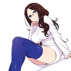 Rule 34 | 1girl, arm at side, blue eyes, blue thighhighs, breasts, brown hair, chan co, closed mouth, crossed legs, dress, fate/grand order, fate (series), fingernails, glasses, hand on own chin, hand up, large breasts, leonardo da vinci (fate), long hair, long sleeves, looking at viewer, parted bangs, ribbed sweater, rimless eyewear, short dress, simple background, sitting, sleeves past wrists, smile, solo, sweater, sweater dress, thighhighs, turtleneck, turtleneck sweater, white background, white sweater
