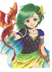 Rule 34 | 1girl, bad id, bad pixiv id, blue eyes, cape, claire roses, commentary request, dragon, earrings, final fantasy, final fantasy iv, green hair, green leotard, highres, jewelry, leotard, looking at viewer, marker (medium), medium hair, rydia (ff4), simple background, smile, solo, traditional media, white background