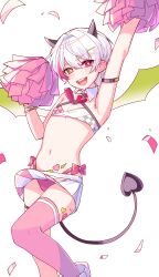Rule 34 | 1boy, :d, absurdres, armpits, aube, bow, bow panties, cheerleader, commission, confetti, demon tail, demon wings, hair ornament, hairclip, heterochromia, highres, horns, looking at viewer, midriff, miniskirt, open mouth, original, panties, pink panties, pom pom (cheerleading), red eyes, simple background, skirt, smile, smug, tail, teeth, thighhighs, trap, underwear, upper teeth only, white background, white hair, wings, yellow eyes
