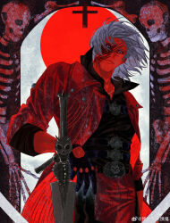 Rule 34 | 1boy, absurdres, black gloves, blood, blood on face, blue eyes, closed mouth, coat, cowboy shot, cross, dante (devil may cry), devil may cry, devil may cry (series), devil may cry 4, facial hair, fingerless gloves, gloves, glowing, glowing eyes, highres, holding, holding weapon, limited palette, long hair, looking at viewer, male focus, monochrome, rebellion (sword), red background, red coat, red theme, skeleton, smile, solo, spot color, sword, upper body, weapon, white hair, wo shi ping guo e gui
