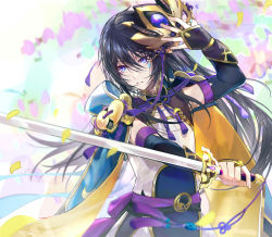 Rule 34 | 1boy, alternate hair color, alternate hair length, alternate hairstyle, black hair, black sleeves, blue cape, blue eyes, bridal gauntlets, cape, csyday, detached sleeves, fate/grand order, fate (series), hair between eyes, long hair, long sleeves, looking to the side, mask, multicolored cape, multicolored clothes, petals, prince of lan ling (fate), puffy long sleeves, puffy sleeves, sash, shirt, simple background, sword, weapon, white background, white shirt, yellow cape