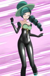 Rule 34 | 1girl, bare shoulders, battle chatelaine, black bodysuit, black gloves, blush, bodysuit, breasts, cleavage, collarbone, covered navel, creatures (company), drill hair, elbow gloves, game freak, gloves, green eyes, green hair, green headwear, highres, long hair, looking at viewer, medium breasts, morgan (pokemon), multicolored hair, nintendo, open mouth, parted bangs, pokemon, pokemon xy, purple background, scared, solo, standing, strapless, sweatdrop, tsukishiro saika, two-tone hair, very long hair