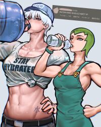 Rule 34 | 2girls, abs, armpits, ayaki blade, bottle, breasts, drinking, english text, foo fighters (jojo), green hair, hand on own hip, hat, height difference, highres, jojo no kimyou na bouken, large breasts, multiple girls, muscular, muscular female, original, overalls, shirt, size difference, stone ocean, tied shirt, topned, twitter, water bottle, wet, wet clothes, white hair