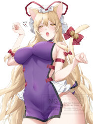 1girl animal_ears bare_shoulders bell blonde_hair blush breasts cat_day cat_ears cat_tail covered_navel fang hair_between_eyes hair_ribbon hat heart highres kirisita large_breasts long_hair looking_at_viewer mob_cap naked_tabard open_mouth paw_pose purple_tabard ribbon sideboob solo tabard tail tail_bell tail_ornament touhou very_long_hair watermark white_background yakumo_yukari yellow_eyes