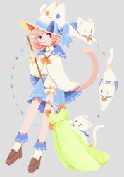 Rule 34 | 1girl, animal, animal ear fluff, animal ears, animal hat, bell, blue bow, blue cape, blue eyes, blue sailor collar, blue skirt, blue socks, bow, bowtie, bright pupils, brooch, broom, brown footwear, cape, cat, cat ears, cat girl, cat hat, cat tail, closed mouth, clothed animal, commentary request, footwear bow, full body, grey background, hat, hat bow, heterochromia, highres, holding, holding broom, jewelry, jingle bell, loafers, long sleeves, looking at viewer, medium hair, no sclera, orange bow, orange bowtie, original, pink eyes, pink hair, pink tail, piyoko9494, pleated skirt, puffy long sleeves, puffy sleeves, sailor collar, shirt, shoes, skirt, socks, solo, tail, tongue, tongue out, two-sided cape, two-sided fabric, white cape, white hat, white pupils, white shirt, witch hat