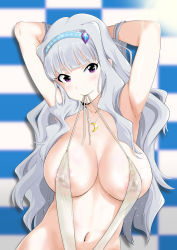 Rule 34 | 1girl, areola slip, armpits, arms up, blunt bangs, blush, breasts, checkered background, collarbone, crescent, crescent necklace, eyebrows hidden by hair, eyelashes, hairband, heavy breathing, idolmaster, idolmaster (classic), jewelry, large areolae, large breasts, lipstick, long hair, looking at viewer, makeup, minpei ichigo, naughty face, necklace, nipples, one-piece swimsuit, purple eyes, purple hairband, shijou takane, slingshot swimsuit, sofmap background, solo, step and repeat, sweat, swimsuit, upper body, white hair, white one-piece swimsuit