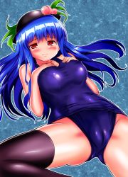 Rule 34 | 1girl, alternate breast size, black thighhighs, blue hair, blush, cameltoe, cleft of venus, collarbone, female focus, food, fruit, groin, hat, highres, hinanawi tenshi, honda takaharu, leaf, long hair, one-piece swimsuit, peach, red eyes, school swimsuit, shiny clothes, skindentation, smile, solo, swimsuit, thighhighs, touhou