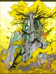 Rule 34 | branch, building, city, drone, falling petals, fire, flaw eight, flower, limbus company, no humans, overgrown, petals, project moon, sky, smoke, talisman, tree, water, yellow flower, yellow sky