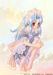 Rule 34 | 1girl, blue hair, cloud, dated, day, fairy, female focus, full body, maid, original, outdoors, pink thighhighs, red eyes, shigatake, sky, solo, thighhighs, wings