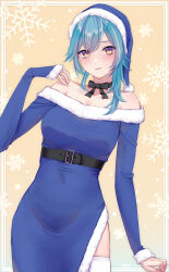Rule 34 | 1girl, absurdres, bare shoulders, blue hair, blue hat, blush, breasts, closed mouth, collarbone, eula (genshin impact), genshin impact, hat, highres, large breasts, long sleeves, looking at viewer, me ao (many blue leaves), purple eyes, santa costume, santa hat, short hair, smile, solo, thighhighs, white thighhighs