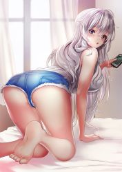 Rule 34 | 1girl, all fours, ass, azur lane, bad feet, bad id, bad pixiv id, bare shoulders, barefoot, blush, breasts, cellphone, denim, denim shorts, effort star, enterprise (azur lane), artistic error, highres, holding, holding phone, indoors, large breasts, long hair, looking at viewer, looking back, on bed, phone, purple eyes, shirt, short shorts, shorts, sleeveless, sleeveless shirt, smartphone, soles, solo, thighs, very long hair, white hair, wrong foot