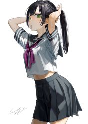 Rule 34 | 1girl, absurdres, arms behind head, arms up, black hair, black sailor collar, black skirt, blush, breasts, closed mouth, commentary request, cowboy shot, green eyes, hair tie, hair tie in mouth, highres, long hair, looking at viewer, midriff, midriff peek, mouth hold, neckerchief, original, pleated skirt, pomu (joynet), ponytail, purple neckerchief, sailor collar, school uniform, serafuku, shirt, short sleeves, sidelocks, signature, simple background, skirt, small breasts, solo, standing, tying hair, white background, white shirt