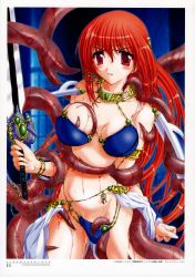 Rule 34 | 1girl, armor, bikini armor, clenched teeth, embarrassed, long hair, red eyes, red hair, solo, sword, takahama tarou, teeth, tentacles, tentacles under clothes, undressing, very long hair, weapon