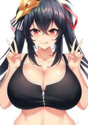 Rule 34 | 1girl, :p, ahoge, azur lane, bare shoulders, black hair, blush, breasts, cleavage, collarbone, crossed bangs, double v, hair between eyes, hair ornament, hair ribbon, hands up, heavy breathing, highres, huge breasts, jpeg artifacts, kuavera, long hair, looking at viewer, mask, mask on head, navel, red eyes, red ribbon, ribbon, signature, simple background, smile, solo, sports bra, striped ribbon, sweat, taihou (azur lane), tongue, tongue out, twintails, v, white background, zipper
