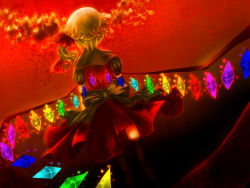 Rule 34 | 1girl, bad id, bad pixiv id, blonde hair, crystal, dutch angle, female focus, flandre scarlet, from behind, glowing, glowing wings, hat, red theme, ripunripun, short hair, side ponytail, skirt, solo, sparkle, embodiment of scarlet devil, thighhighs, touhou, wings