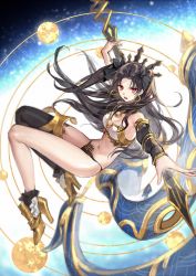 1girl black_hair black_panties black_thighhighs boots breasts cleavage commentary_request crown detached_sleeves fate/grand_order fate_(series) floating_hair heavenly_boat_maanna high_heel_boots high_heels highres holding ishtar_(fate) kangetsu_(fhalei) long_hair long_sleeves medium_breasts navel open_mouth panties red_eyes single_thighhigh solo strapless thighhighs tube_top two_side_up underwear