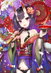 Rule 34 | 1girl, alcohol, bare shoulders, black hair, blush, breasts, collarbone, cup, fang, fate/grand order, fate (series), floral background, highres, hilo (joy hero), holding, holding umbrella, horns, japanese clothes, looking at viewer, medium breasts, navel, oil-paper umbrella, open mouth, pilokey, purple eyes, revealing clothes, sakazuki, sake, sash, short hair, shuten douji (fate), skin-covered horns, smile, solo, sparkle, thick eyebrows, umbrella, upper body