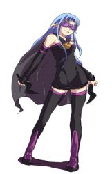 Rule 34 | 1girl, black thighhighs, blindfold, blue hair, cape, cosplay, detached sleeves, dress, fate/stay night, fate (series), lowres, medea (fate), medusa (fate), medusa (rider) (fate), medusa (rider) (fate) (cosplay), pointy ears, simple background, solo, strapless, strapless dress, thighhighs, zettai ryouiki