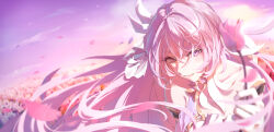 Rule 34 | 1girl, absurdres, arm strap, bare shoulders, blurry, blurry background, bridal veil, chinese commentary, commentary request, diamond-shaped pupils, diamond (shape), elysia (herrscher of human:ego) (honkai impact), elysia (honkai impact), field, flower, flower field, gloves, hair between eyes, hair intakes, highres, holding, holding flower, honkai (series), honkai impact 3rd, long hair, looking at viewer, open mouth, outdoors, pink flower, pink hair, pink petals, purple eyes, shade, smile, solo, symbol-shaped pupils, veil, very long hair, white gloves, white veil, zhong er bing