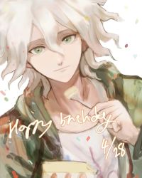 Rule 34 | 1boy, a po (liuxiaobo0413), cake, closed mouth, danganronpa (series), danganronpa 2: goodbye despair, dated, food, green jacket, grey background, hand up, happy birthday, highres, holding, jacket, komaeda nagito, looking at viewer, male focus, open clothes, open jacket, shirt, simple background, smile, solo, white shirt