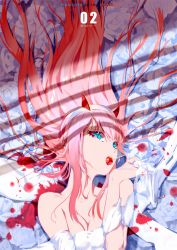 Rule 34 | 10s, 1girl, blue eyes, breasts, candy, covering privates, covering breasts, darling in the franxx, food, highres, horns, large breasts, long hair, looking at viewer, nude, open mouth, pink hair, solo, ya yan, zero two (darling in the franxx)