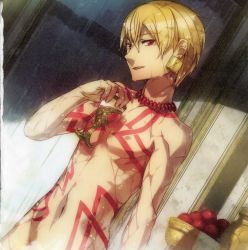 Rule 34 | 10s, 1boy, blonde hair, bunbun, cup, earrings, fate/extra, fate/extra ccc, fate (series), food, fruit, gilgamesh (fate), chalice, highres, jewelry, male focus, navel, necklace, nude, red eyes, solo, tattoo, wet