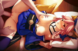 Rule 34 | 10s, 1girl, animal ears, blush, grabbing another&#039;s breast, breasts, censored, ears through headwear, fate/extra, fate (series), fox ears, fox tail, grabbing, japanese clothes, long hair, lying, medium breasts, missionary, mosaic censoring, nipples, on back, open mouth, penis, pink hair, sex, solo focus, spread legs, tail, tamamo (fate), tamamo no mae (fate/extra), thighhighs, vaginal, yellow eyes, zen33n